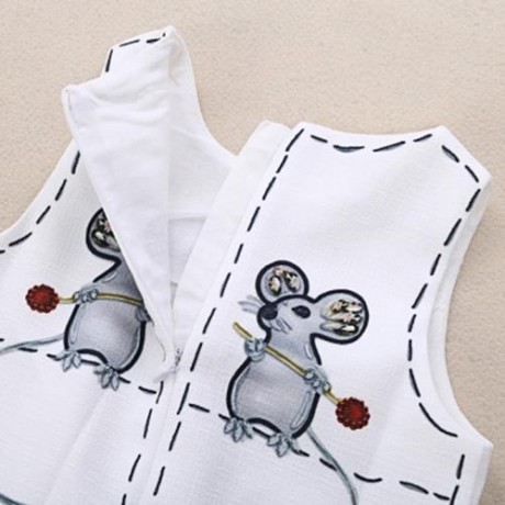 KIMOCAT BRIEF ROUND COLLAR MOUSE PRINT BEADED DRESS FOR GIRLS (WHITE)