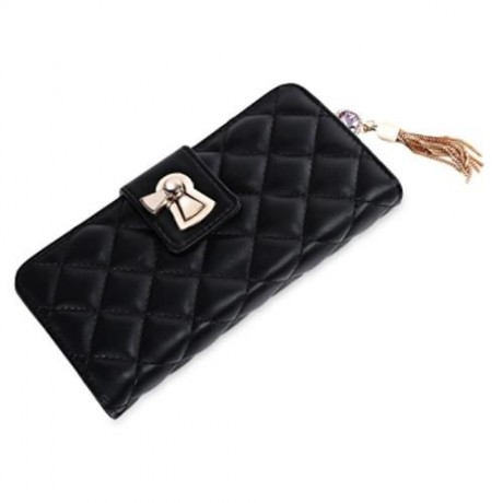 STYLISH RHOMBUS PATTERN TASSEL DECORATION LADIES CARD HOLDER BUCKLE WALLET (BLACK)