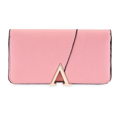PU LEATHER SIMPLE DESIGN SNAP FASTENER WOMEN CLUTCH WALLET (PINK)