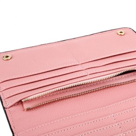 PU LEATHER SIMPLE DESIGN SNAP FASTENER WOMEN CLUTCH WALLET (PINK)