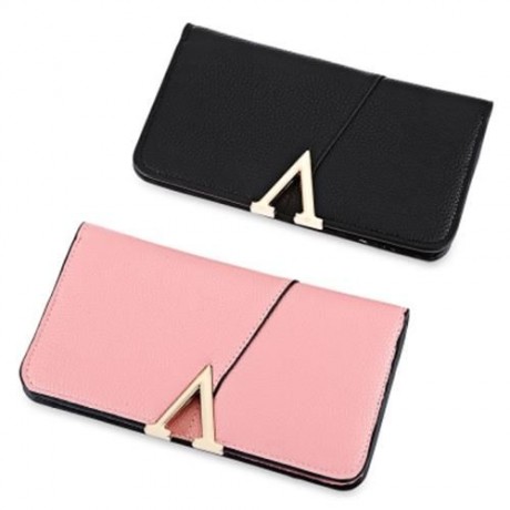 PU LEATHER SIMPLE DESIGN SNAP FASTENER WOMEN CLUTCH WALLET (PINK)