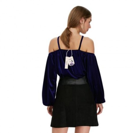 TRENDY LONG SLEEVE COLLARLESS CRISS CROSS STRAP VELVET WOMEN BLOUSE (PURPLISH BLUE)