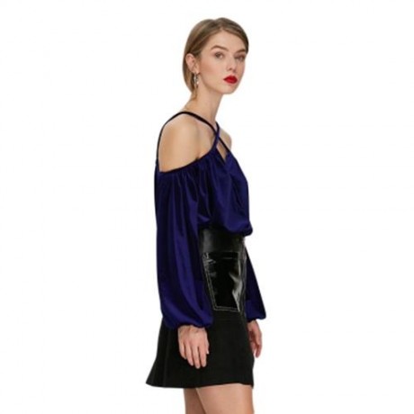 TRENDY LONG SLEEVE COLLARLESS CRISS CROSS STRAP VELVET WOMEN BLOUSE (PURPLISH BLUE)