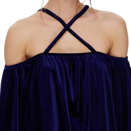 TRENDY LONG SLEEVE COLLARLESS CRISS CROSS STRAP VELVET WOMEN BLOUSE (PURPLISH BLUE)