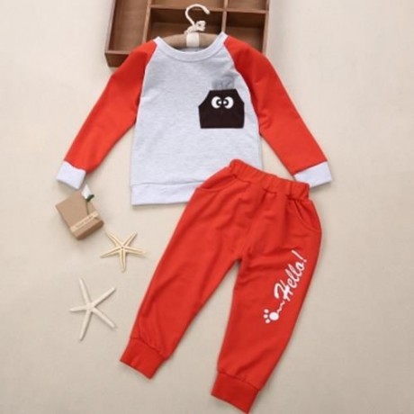 YUEYUEMAO CHILD CASUAL COLOR BLOCK COTTON ANIMAL TWINSET (RED ORANGE)