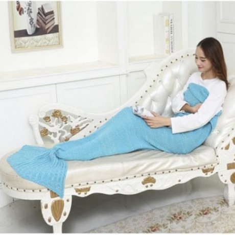 OUTDOOR TRAVELING HANDMADE FISH TAIL KNITTED CROCHET BLANKET (AZURE)