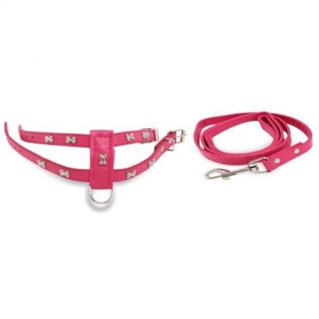 ADJUSTABLE NO-PULL BONE STUD DESIGN PET DOG HARNESS LEASH SET (PINK)