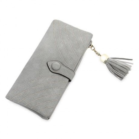 GUAPABIEN EMBROIDERY PATTERN SNAP FASTENER TASSEL LINK LONG WALLET (GRAY)