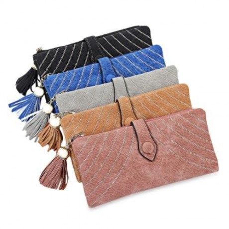 GUAPABIEN EMBROIDERY PATTERN SNAP FASTENER TASSEL LINK LONG WALLET (GRAY)