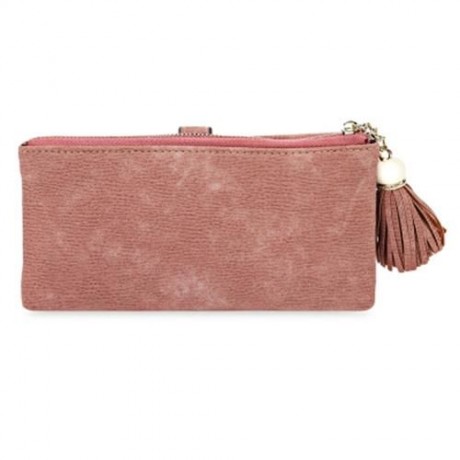 GUAPABIEN EMBROIDERY PATTERN SNAP FASTENER TASSEL LINK LONG WALLET (PEACH RED)