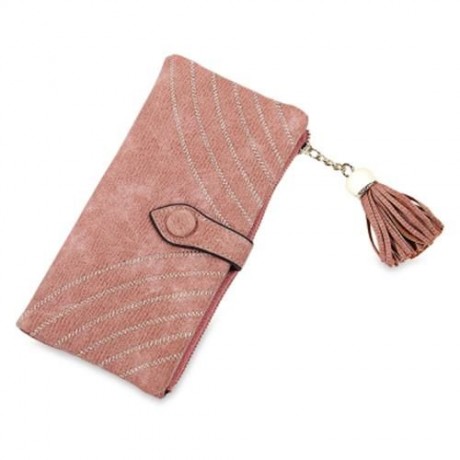 GUAPABIEN EMBROIDERY PATTERN SNAP FASTENER TASSEL LINK LONG WALLET (PEACH RED)