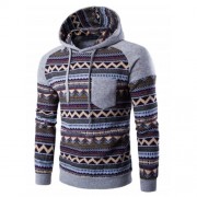 COLOR BLOCK TRIBAL PRINTED POCKET HOODED RAGLAN SLEEVE HOODIE (LIGHT GRAY)
