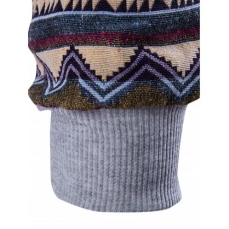 COLOR BLOCK TRIBAL PRINTED POCKET HOODED RAGLAN SLEEVE HOODIE (LIGHT GRAY)
