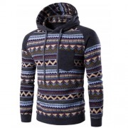 COLOR BLOCK TRIBAL PRINTED POCKET HOODED RAGLAN SLEEVE HOODIE (DEEP GRAY)