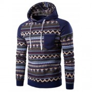 COLOR BLOCK TRIBAL PRINTED POCKET HOODED RAGLAN SLEEVE HOODIE (DENIM BLUE)