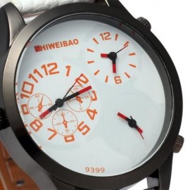 SHIWEIBAO 9399 MALE 3 MOVT QUARTZ WATCH WITH LEATHER BAND ROUND DIAL (WHITE)