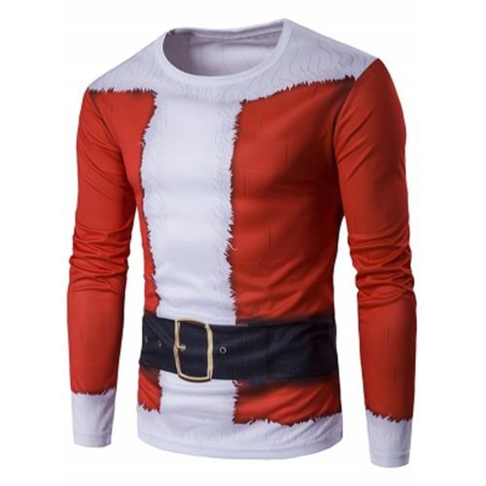 CREW NECK 3D FATHER CHRISTMAS COSTUME PRINT T-SHIRT (RED)
