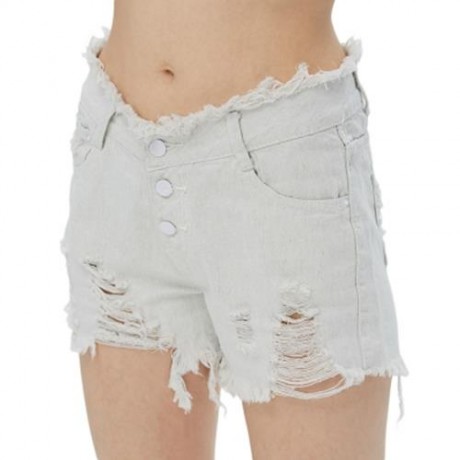 STYLISH MID WAIST BUTTON RIPPED DENIM WOMEN SHORTS (WHITE)