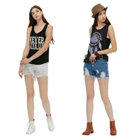 STYLISH MID WAIST BUTTON RIPPED DENIM WOMEN SHORTS (WHITE)