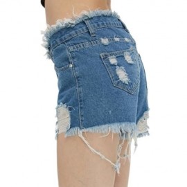 STYLISH MID WAIST BUTTON RIPPED DENIM WOMEN SHORTS (DENIM BLUE)