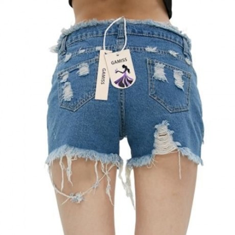 STYLISH MID WAIST BUTTON RIPPED DENIM WOMEN SHORTS (DENIM BLUE)