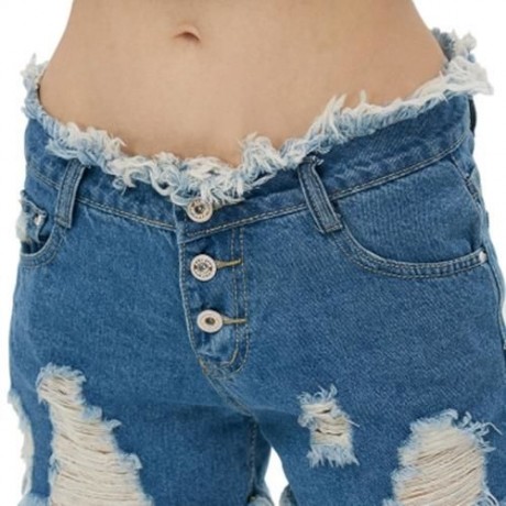 STYLISH MID WAIST BUTTON RIPPED DENIM WOMEN SHORTS (DENIM BLUE)