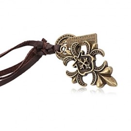 OLD CLASSICAL STYLE CROSS PENDANT PATTERN CARVED LADIES LEATHER NEKLACE (BROWN)