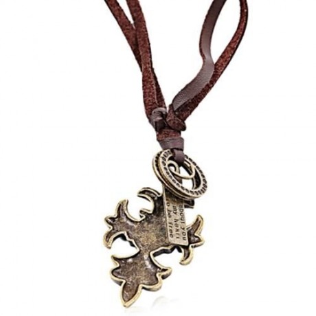 OLD CLASSICAL STYLE CROSS PENDANT PATTERN CARVED LADIES LEATHER NEKLACE (BROWN)