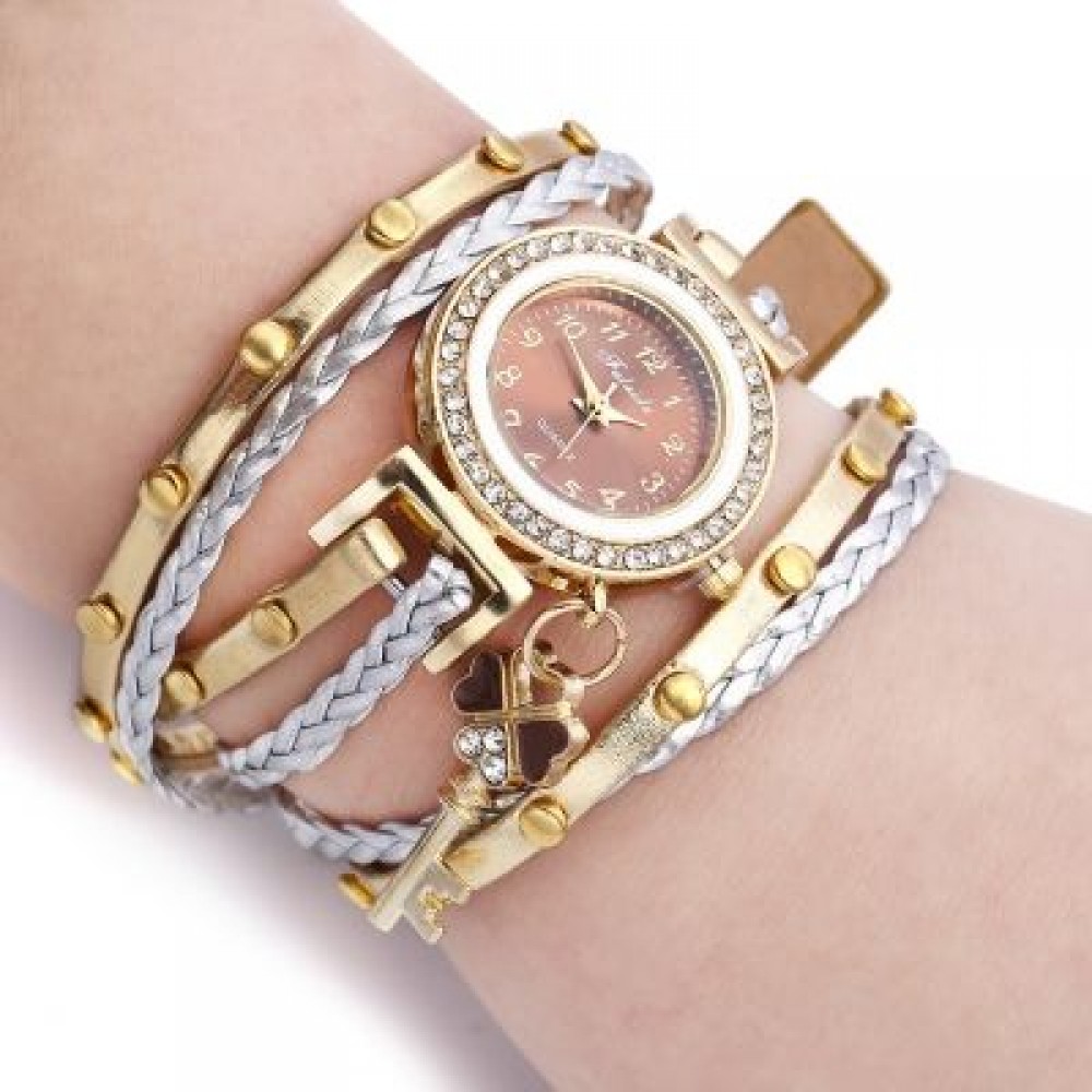 FULAIDA Female Quartz Rhinestone Bangle Wristwatch (BROWN)