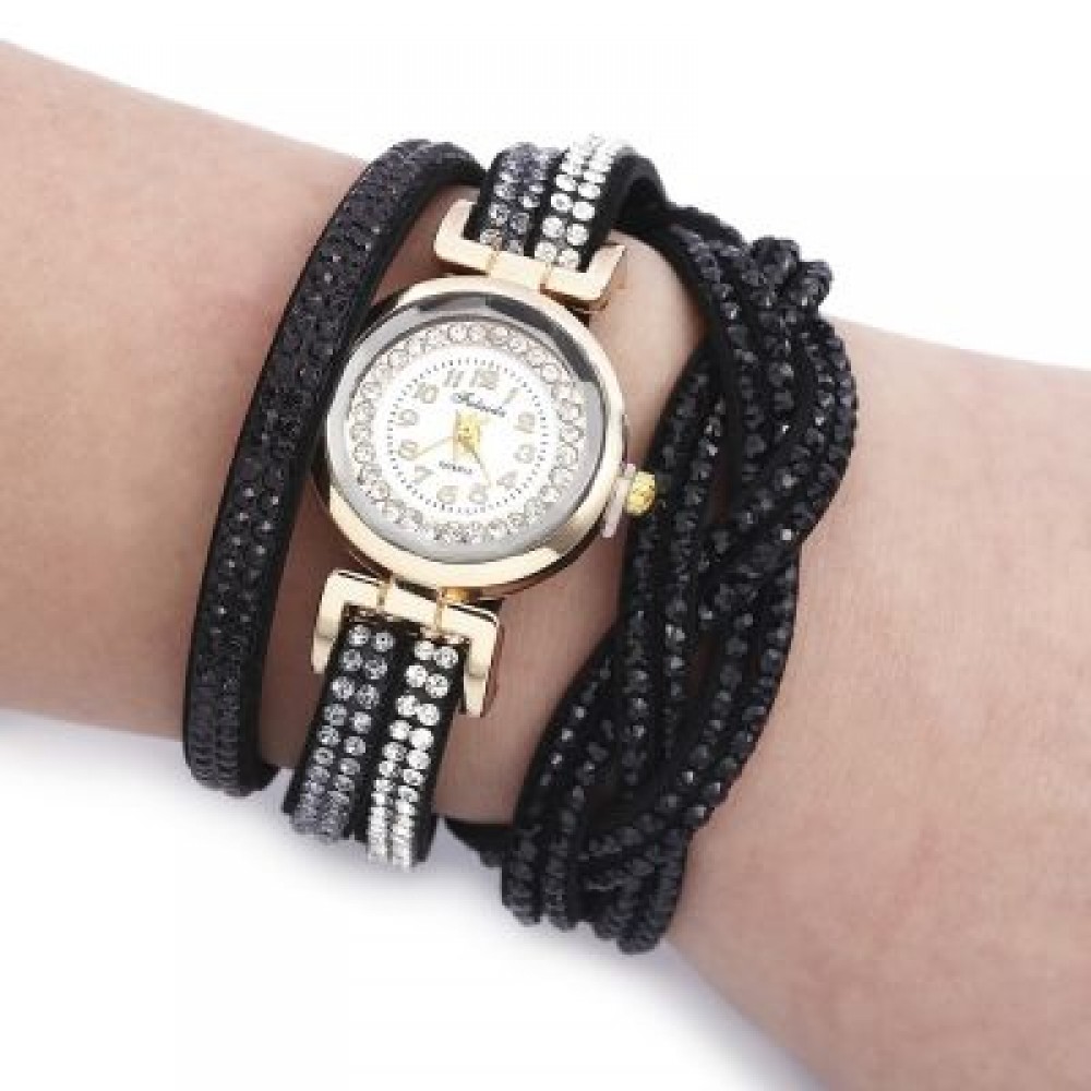 Fulaida Women Quartz Rhinestone Wristwatch Bracelet (BLACK)