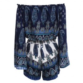 BELL SLEEVE OFF THE SHOULDER PRINT WOMEN CROP TOP WITH SHORTS (BLUE)