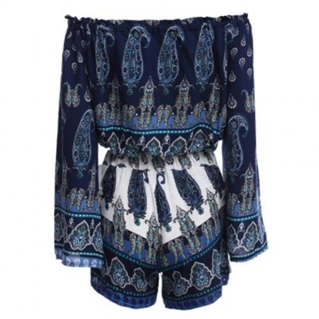 BELL SLEEVE OFF THE SHOULDER PRINT WOMEN CROP TOP WITH SHORTS (BLUE)