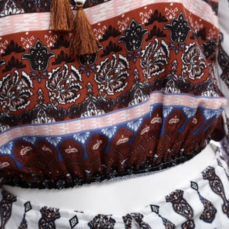 BELL SLEEVE OFF THE SHOULDER PRINT WOMEN CROP TOP WITH SHORTS (WHITE)
