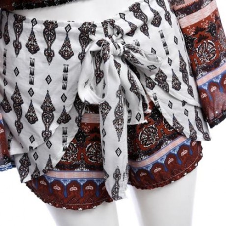 BELL SLEEVE OFF THE SHOULDER PRINT WOMEN CROP TOP WITH SHORTS (WHITE)
