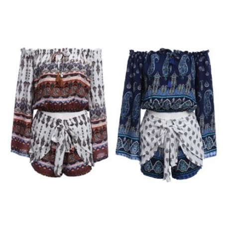 BELL SLEEVE OFF THE SHOULDER PRINT WOMEN CROP TOP WITH SHORTS (WHITE)