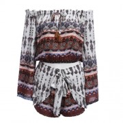 BELL SLEEVE OFF THE SHOULDER PRINT WOMEN CROP TOP WITH SHORTS (WHITE)