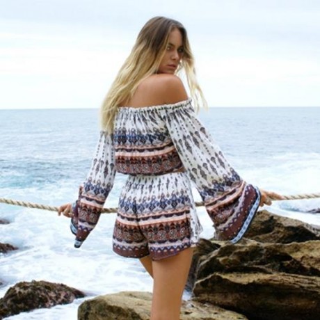 BELL SLEEVE OFF THE SHOULDER PRINT WOMEN CROP TOP WITH SHORTS (WHITE)