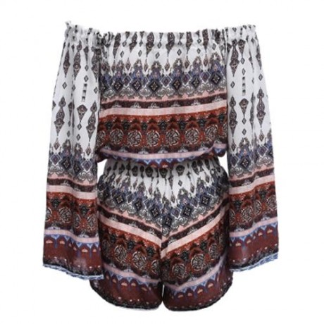 BELL SLEEVE OFF THE SHOULDER PRINT WOMEN CROP TOP WITH SHORTS (WHITE)