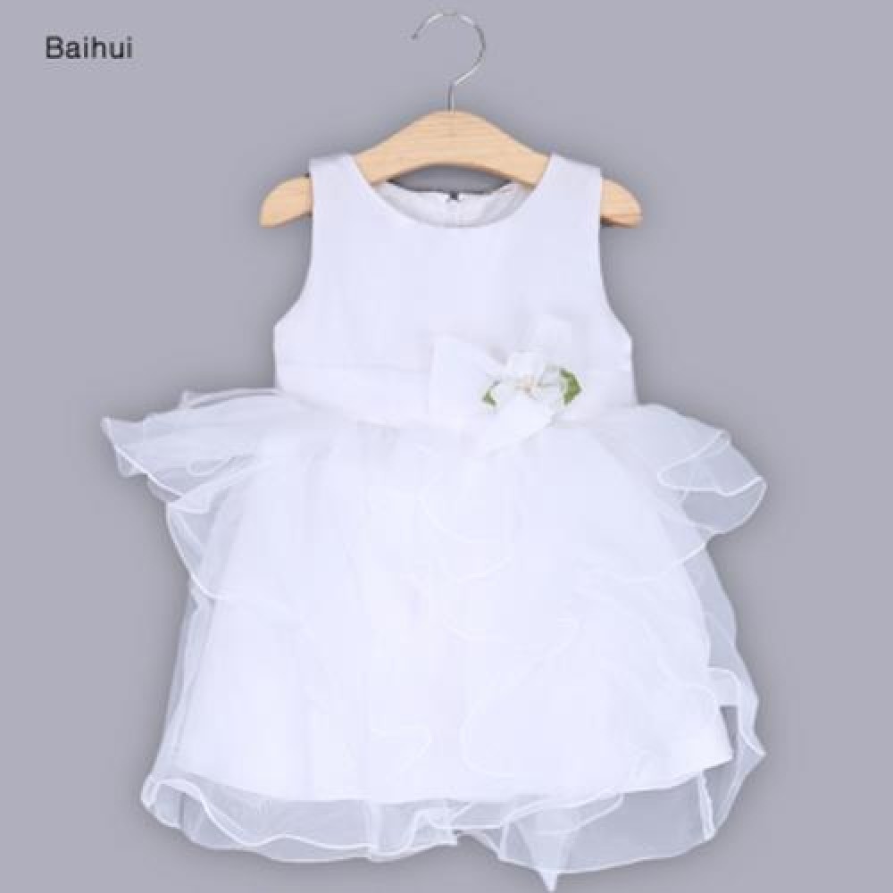 BAIHUI GIRLS SLEEVELESS RUFFLE FLORAL TULLE PRINCESS WEDDING DRESS (WHITE)