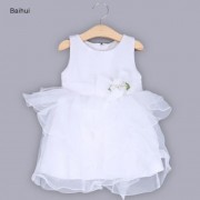 BAIHUI GIRLS SLEEVELESS RUFFLE FLORAL TULLE PRINCESS WEDDING DRESS (WHITE)