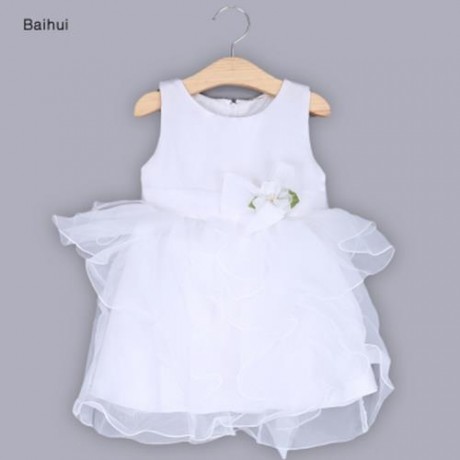 BAIHUI GIRLS SLEEVELESS RUFFLE FLORAL TULLE PRINCESS WEDDING DRESS (WHITE)