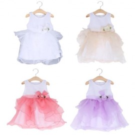 BAIHUI GIRLS SLEEVELESS RUFFLE FLORAL TULLE PRINCESS WEDDING DRESS (WHITE)