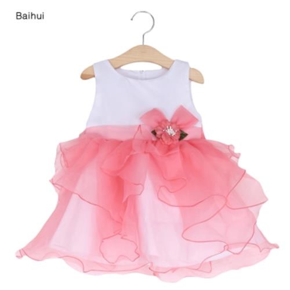 BAIHUI GIRLS SLEEVELESS RUFFLE FLORAL TULLE PRINCESS WEDDING DRESS (WATERMELON RED)