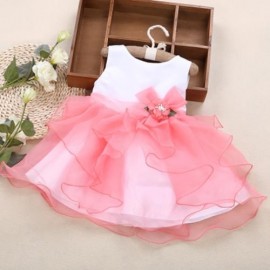 BAIHUI GIRLS SLEEVELESS RUFFLE FLORAL TULLE PRINCESS WEDDING DRESS (WATERMELON RED)