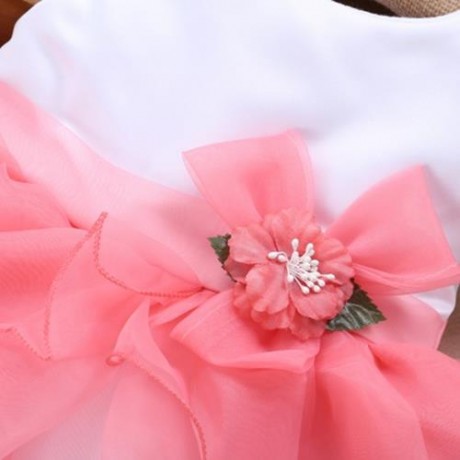 BAIHUI GIRLS SLEEVELESS RUFFLE FLORAL TULLE PRINCESS WEDDING DRESS (WATERMELON RED)