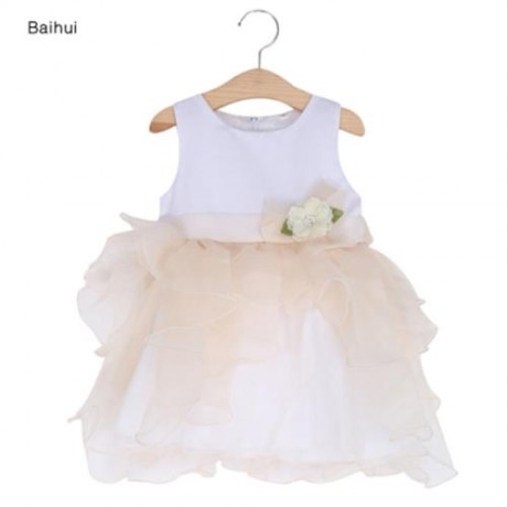 BAIHUI GIRLS SLEEVELESS RUFFLE FLORAL TULLE PRINCESS WEDDING DRESS (CHAMPAGNE)