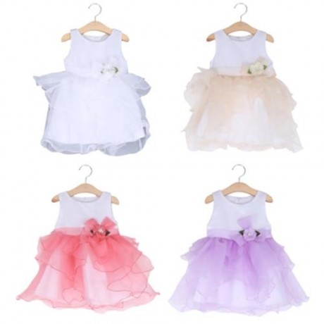 BAIHUI GIRLS SLEEVELESS RUFFLE FLORAL TULLE PRINCESS WEDDING DRESS (CHAMPAGNE)