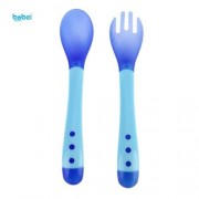 BOBEIELEPHANT PORTABLE TEMPERATURE CHANGING COLOR BABIES SILICONE FORK SPOON SET (BLUE)