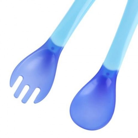 BOBEIELEPHANT PORTABLE TEMPERATURE CHANGING COLOR BABIES SILICONE FORK SPOON SET (BLUE)