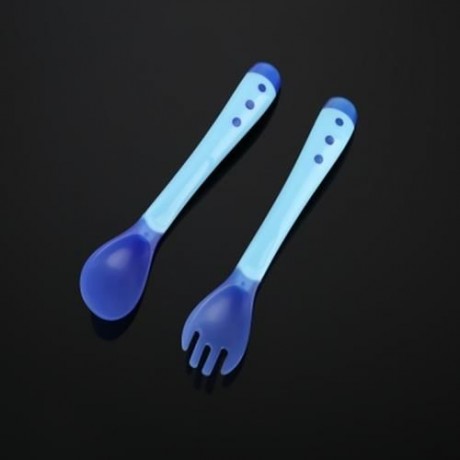 BOBEIELEPHANT PORTABLE TEMPERATURE CHANGING COLOR BABIES SILICONE FORK SPOON SET (BLUE)